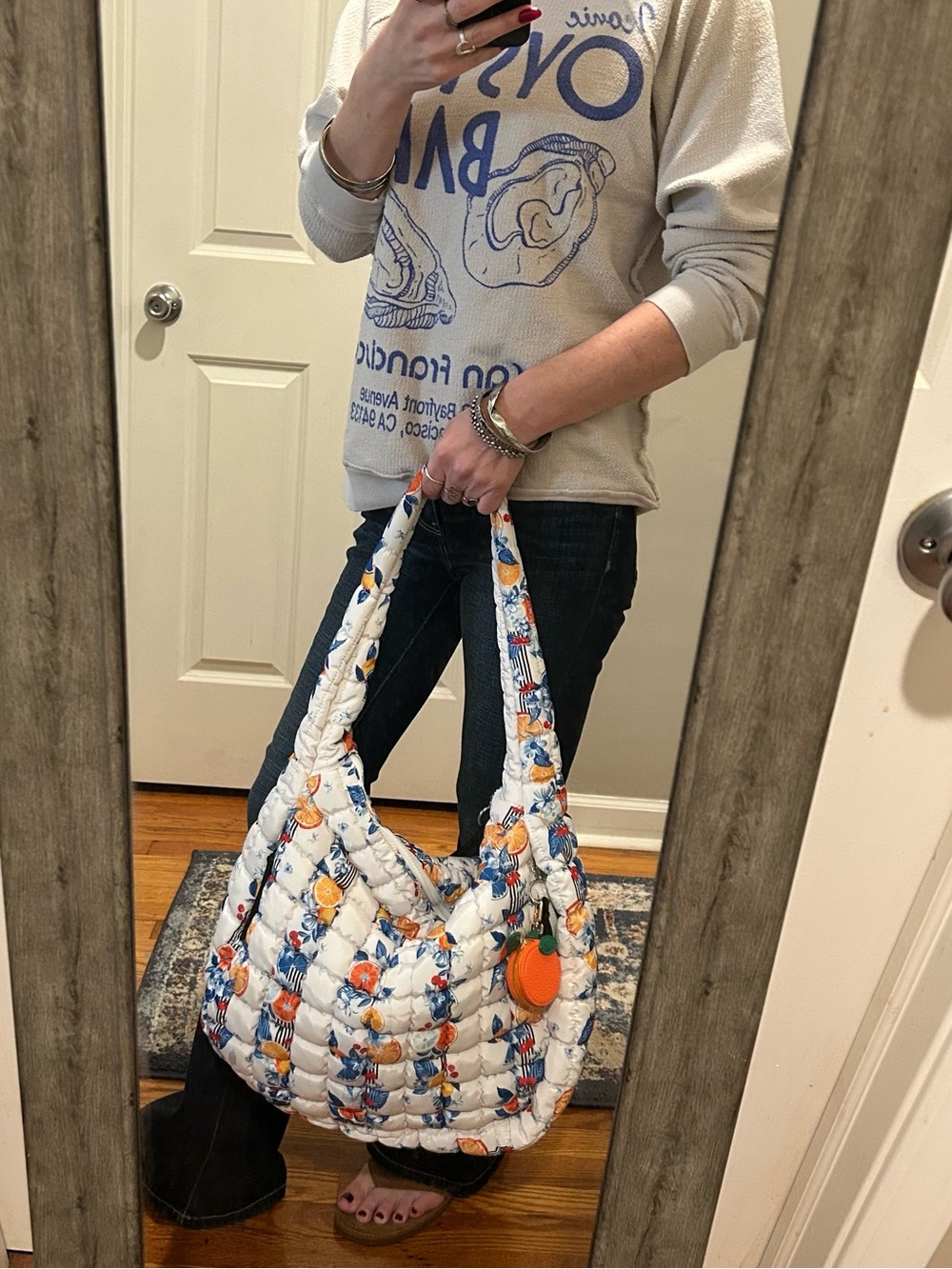 NWOT FP Movement Printed Quilted Carryall Bag in Tangerine Dream w/ Bag Charm - Picture 11 of 16